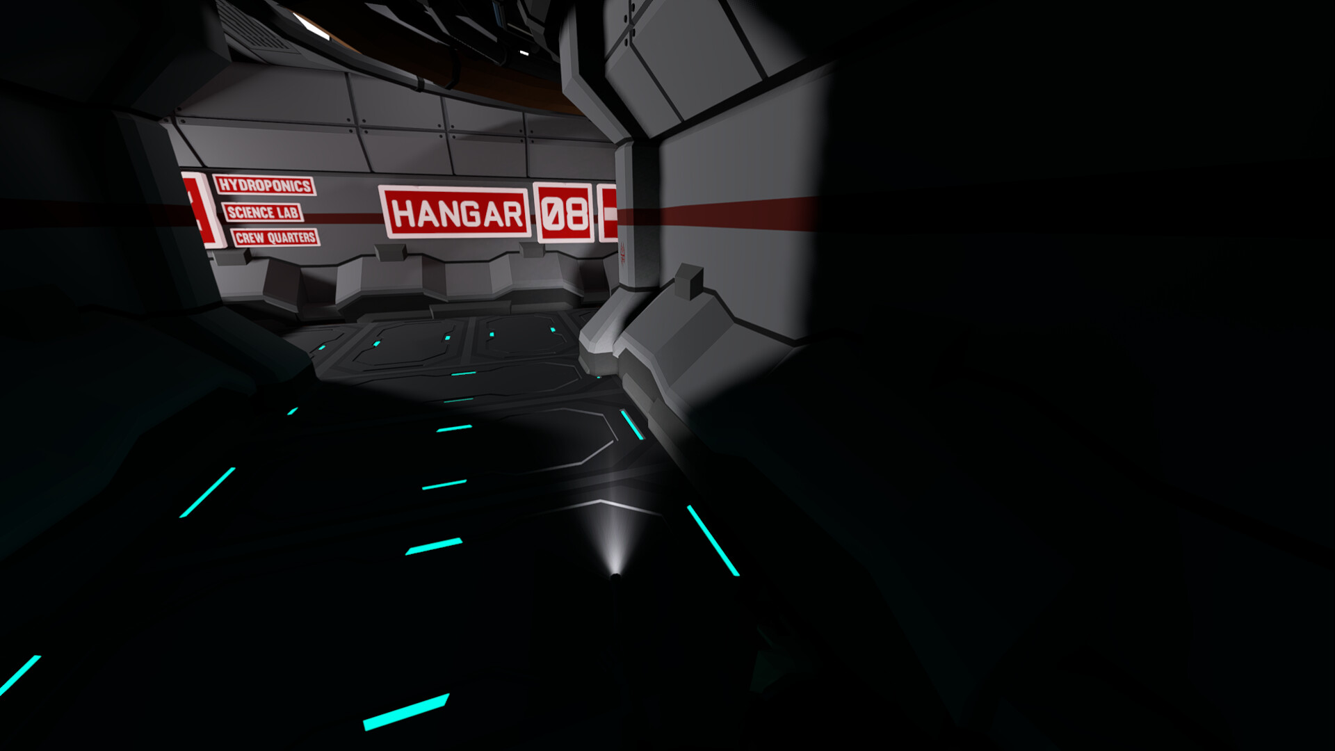 First-person view down a dark low-poly spaceship corridor; a flashlight beam illuminates a cyan-striped metallic floor, and a red HANGAR 08 sign ahead is flanked by smaller signs pointing to Hydroponics, Science Lab, and Crew Quarters.