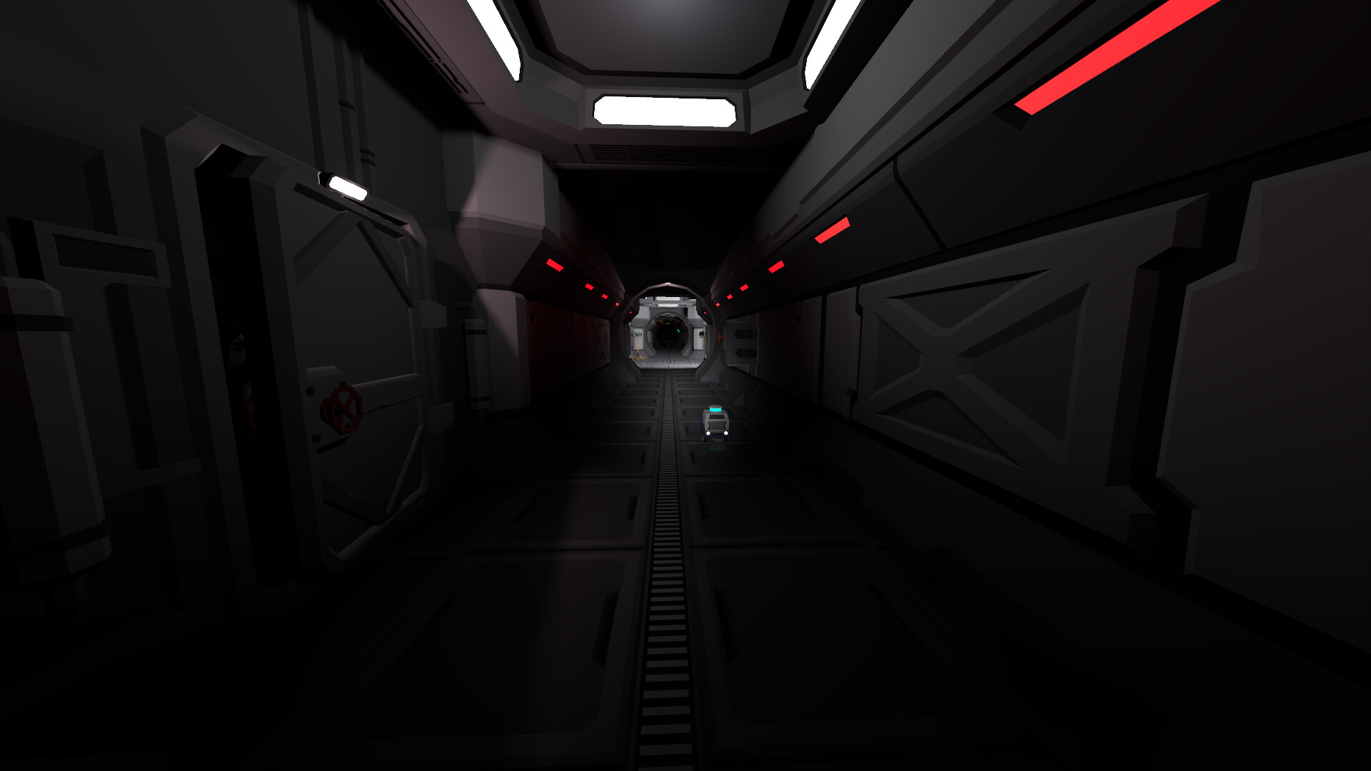 Symmetrical perspective down a dimly lit low-poly sci-fi hallway; a single overhead white light illuminates the ceiling while rows of small red emergency lights recede into shadow, with a heavy bulkhead door and red valve wheel on the left wall.