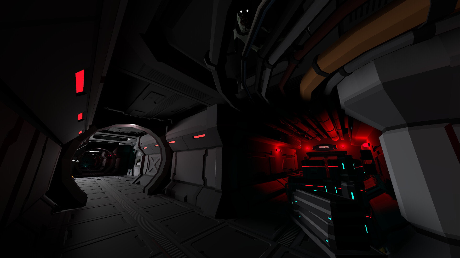 Dark spaceship corridor junction with an eerie red-lit branching passage toward a Science Lab sign; hidden in the scaffolding overhead, a pale gaunt monster with wide glowing white eyes stares directly down at the player.